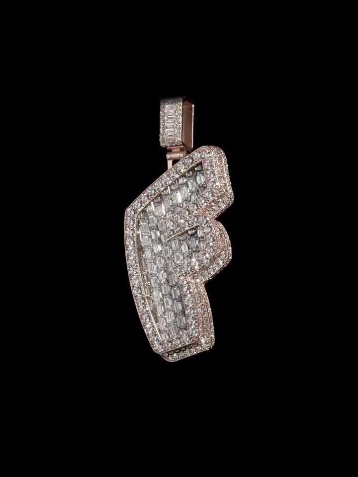 Emerald cut VVS1 Moissanite Layered Letter "F" Pendant, Iced out Chunky Pendant, Custom Letter, 925 Sterling Silver/10k, HipHop Pendant