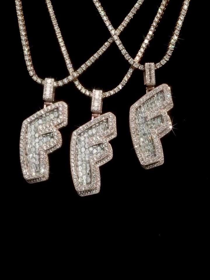 Emerald cut VVS1 Moissanite Layered Letter "F" Pendant, Iced out Chunky Pendant, Custom Letter, 925 Sterling Silver/10k, HipHop Pendant