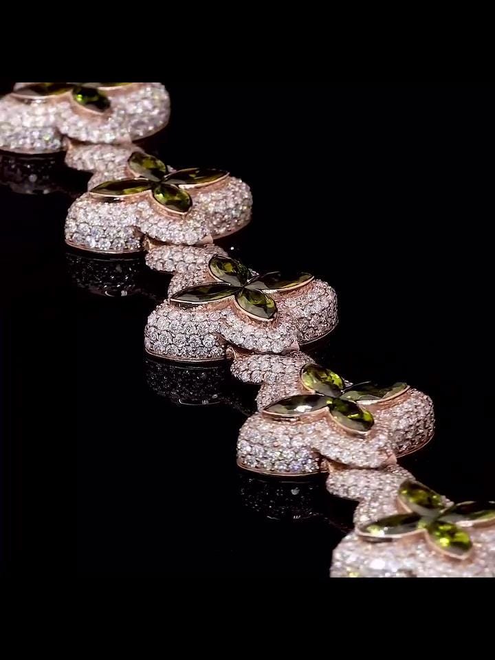 Men's Marquise Cut Green Peridot Four-Leaf Clover Bracelet, Infinity Link Bracelet, VVS Diamond Bracelet, Passes Diamond Tester