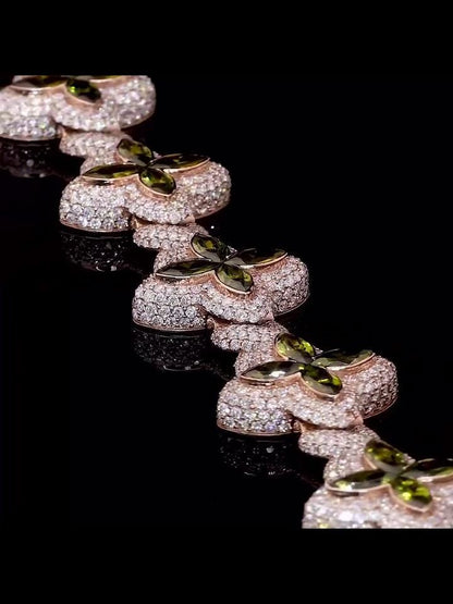 Men's Marquise Cut Green Peridot Four-Leaf Clover Bracelet, Infinity Link Bracelet, VVS Diamond Bracelet, Passes Diamond Tester