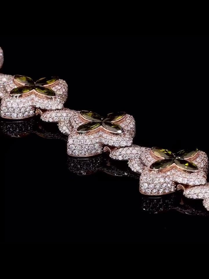 Men's Marquise Cut Green Peridot Four-Leaf Clover Bracelet, Infinity Link Bracelet, VVS Diamond Bracelet, Passes Diamond Tester