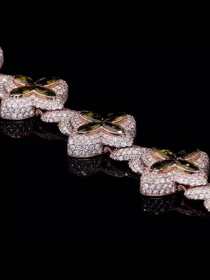 Men's Marquise Cut Green Peridot Four-Leaf Clover Bracelet, Infinity Link Bracelet, VVS Diamond Bracelet, Passes Diamond Tester