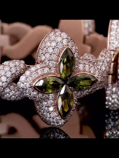 Men's Marquise Cut Green Peridot Four-Leaf Clover Bracelet, Infinity Link Bracelet, VVS Diamond Bracelet, Passes Diamond Tester