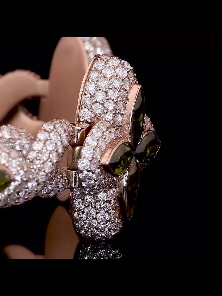 Men's Marquise Cut Green Peridot Four-Leaf Clover Bracelet, Infinity Link Bracelet, VVS Diamond Bracelet, Passes Diamond Tester