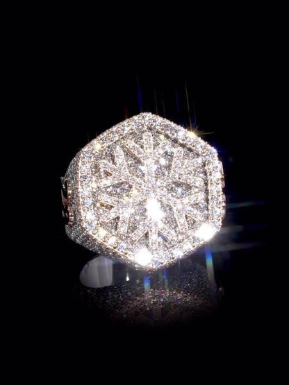 Custom Snowflake Iced-Out Ring – VVS Moissanite Hip Hop Ring in 925 Silver with Rose Gold Rhodium Plating – Men's Statement Bling Jewelry