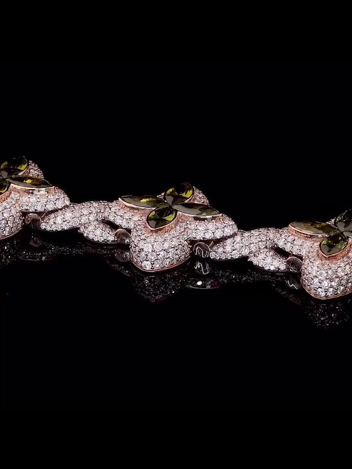 Men's Marquise Cut Green Peridot Four-Leaf Clover Bracelet, Infinity Link Bracelet, VVS Diamond Bracelet, Passes Diamond Tester