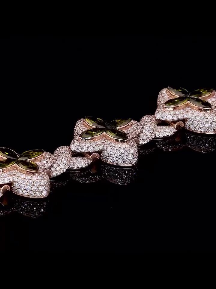 Men's Marquise Cut Green Peridot Four-Leaf Clover Bracelet, Infinity Link Bracelet, VVS Diamond Bracelet, Passes Diamond Tester