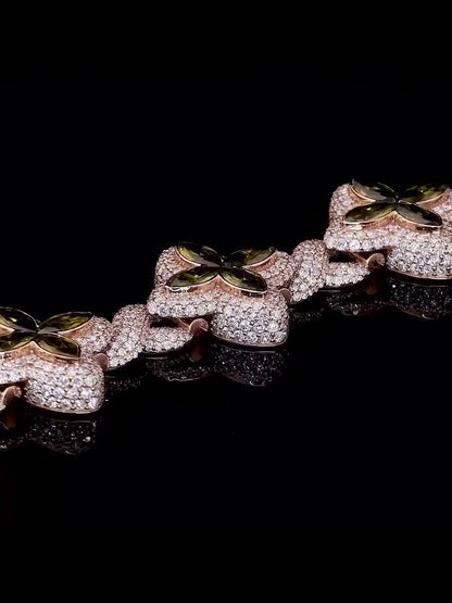 Men's Marquise Cut Green Peridot Four-Leaf Clover Bracelet, Infinity Link Bracelet, VVS Diamond Bracelet, Passes Diamond Tester