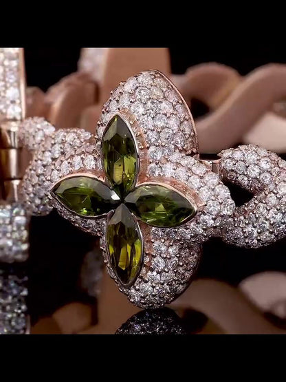 Men's Marquise Cut Green Peridot Four-Leaf Clover Bracelet, Infinity Link Bracelet, VVS Diamond Bracelet, Passes Diamond Tester