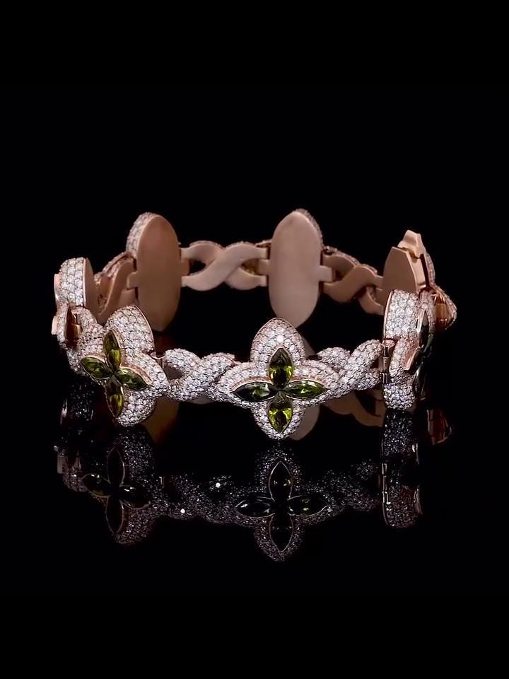 Men's Marquise Cut Green Peridot Four-Leaf Clover Bracelet, Infinity Link Bracelet, VVS Diamond Bracelet, Passes Diamond Tester