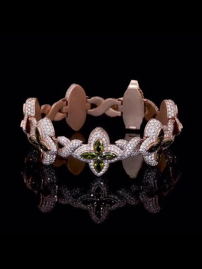Men's Marquise Cut Green Peridot Four-Leaf Clover Bracelet, Infinity Link Bracelet, VVS Diamond Bracelet, Passes Diamond Tester
