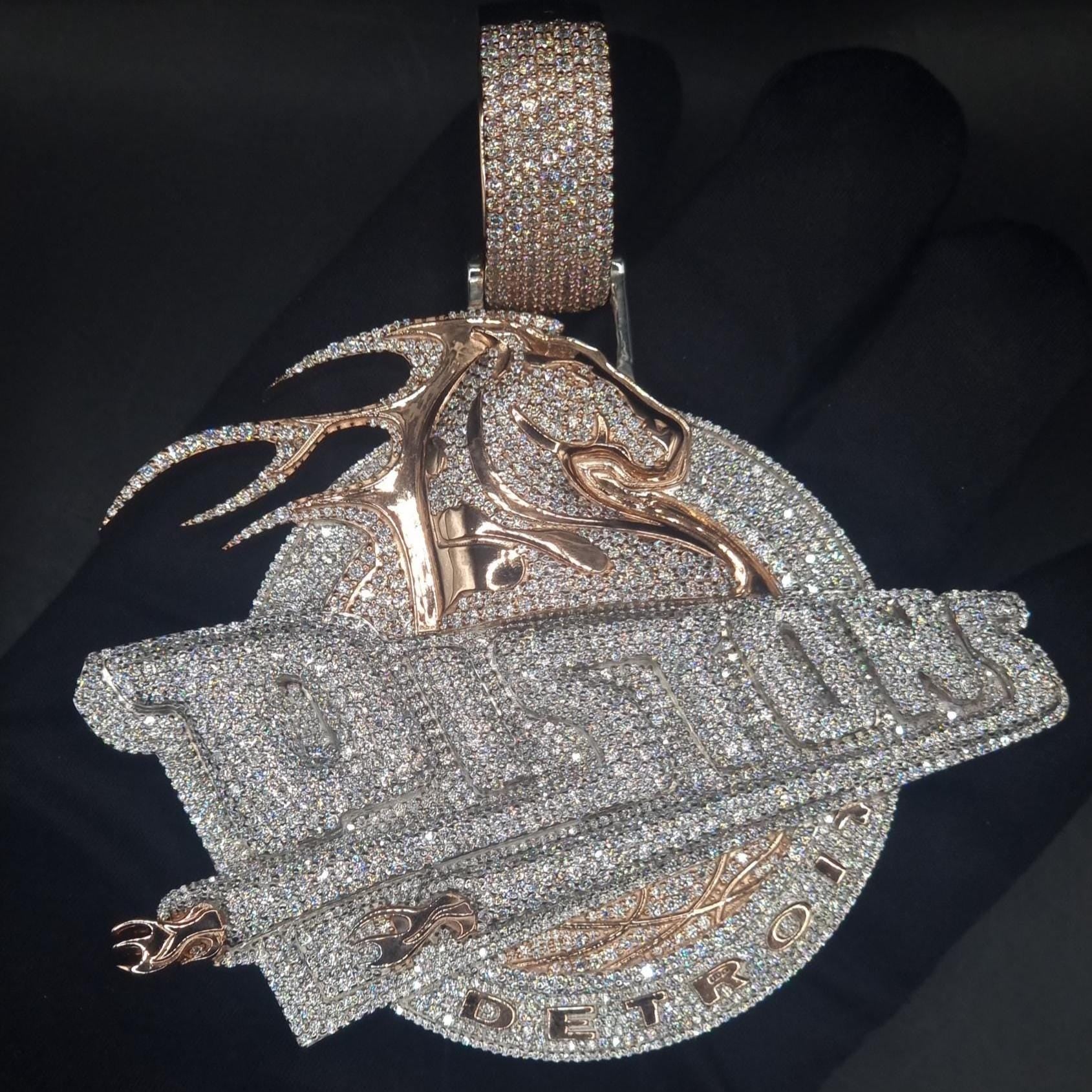10K Solid Rose Gold and Moissanite Diamond 15.00 CT Horse Detroit Pendant without Chain, Chunky pendant