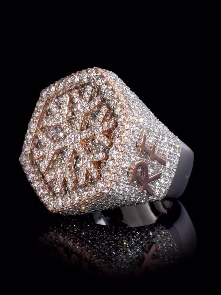 Custom Snowflake Iced-Out Ring – VVS Moissanite Hip Hop Ring in 925 Silver with Rose Gold Rhodium Plating – Men's Statement Bling Jewelry