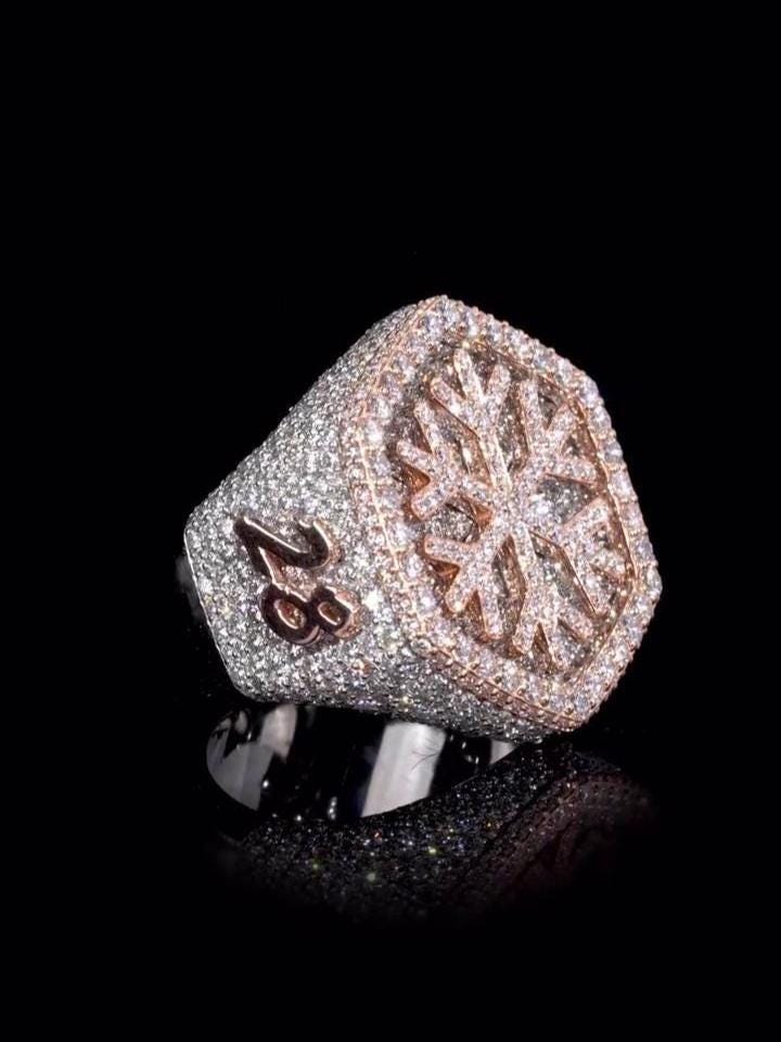 Custom Snowflake Iced-Out Ring – VVS Moissanite Hip Hop Ring in 925 Silver with Rose Gold Rhodium Plating – Men's Statement Bling Jewelry