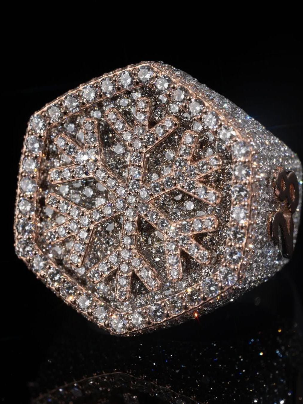 Custom Snowflake Iced-Out Ring – VVS Moissanite Hip Hop Ring in 925 Silver with Rose Gold Rhodium Plating – Men's Statement Bling Jewelry
