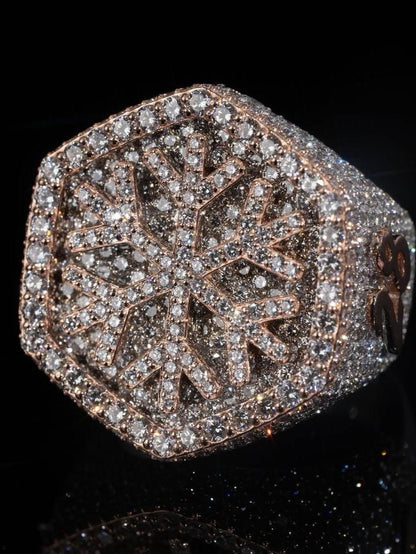 Custom Snowflake Iced-Out Ring – VVS Moissanite Hip Hop Ring in 925 Silver with Rose Gold Rhodium Plating – Men's Statement Bling Jewelry