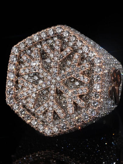 Custom Snowflake Iced-Out Ring – VVS Moissanite Hip Hop Ring in 925 Silver with Rose Gold Rhodium Plating – Men's Statement Bling Jewelry