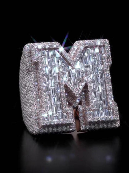 Custom Letter Iced Out Ring, Personalized Initial Championship Ring, VVS Moissanite/CZ, Hip Hop Bling Jewelry, Luxury Statement Gift for Men