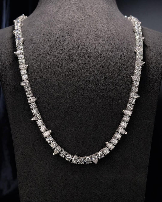 Iced Out Moissanite Tennis Necklace in 925 Silver – VVS1 Pear & Round Cuts | 16"-30" | Passes Diamond Tester | Hip Hop Jewelry