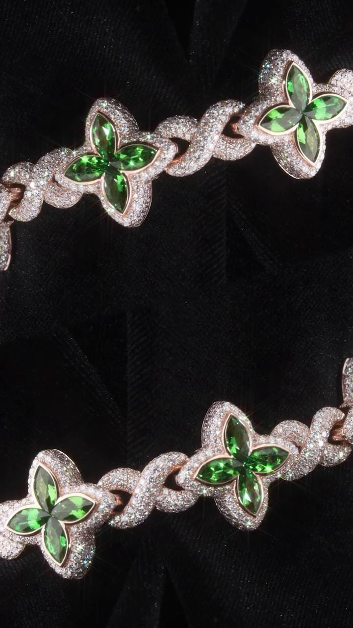VVS Moissanite Green Flower Link Chain | Rhodium Plated 925 Silver | Iced Out Custom Necklace | Hip Hop Statement Jewelry