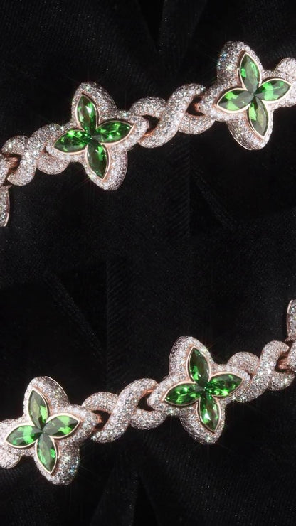 VVS Moissanite Green Flower Link Chain | Rhodium Plated 925 Silver | Iced Out Custom Necklace | Hip Hop Statement Jewelry