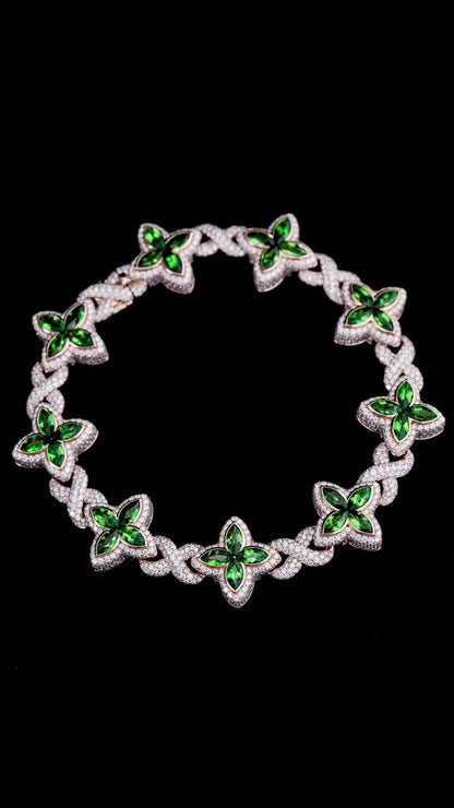 VVS Moissanite Green Flower Link Chain | Rhodium Plated 925 Silver | Iced Out Custom Necklace | Hip Hop Statement Jewelry
