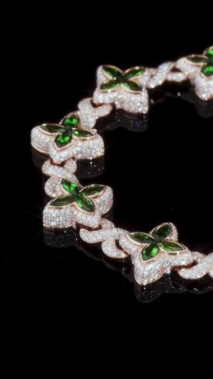 VVS Moissanite Green Flower Link Chain | Rhodium Plated 925 Silver | Iced Out Custom Necklace | Hip Hop Statement Jewelry
