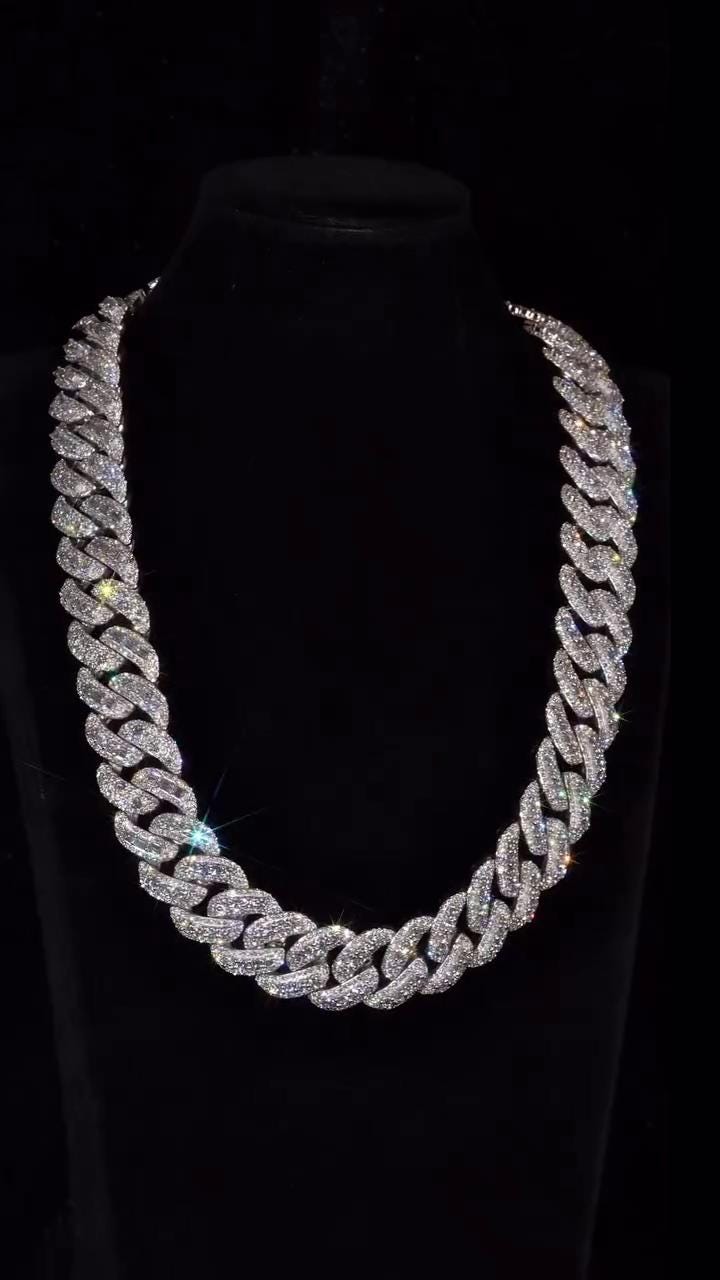 20mm VVS Moissanite Cuban Chain | Rhodium Plated 925 Silver | Round & Emerald Cut Iced Out Chain | Pass Diamond Tester | Hip Hop Jewelry