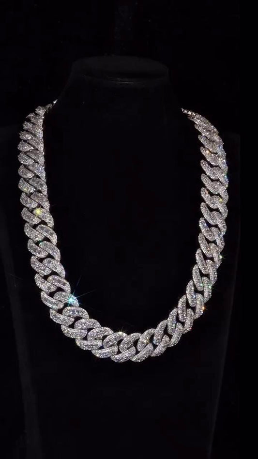 20mm VVS Moissanite Cuban Chain | Rhodium Plated 925 Silver | Round & Emerald Cut Iced Out Chain | Pass Diamond Tester | Hip Hop Jewelry