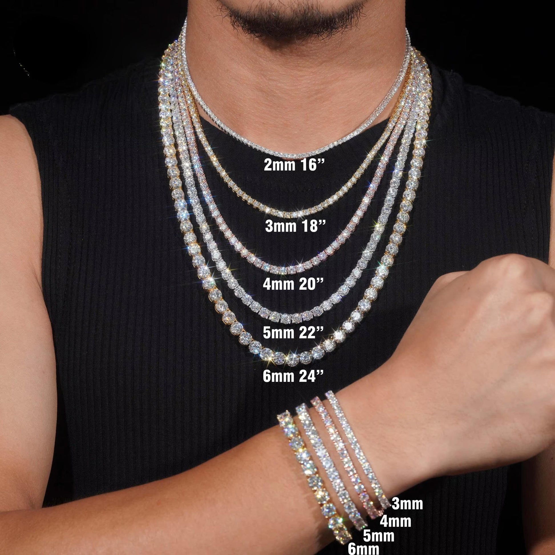 2-6mm VVS1 Moissanite sterling silver tennis chains and bracelets, Diamond tennis necklace, Iced out chain, Anniversary gift for him or her