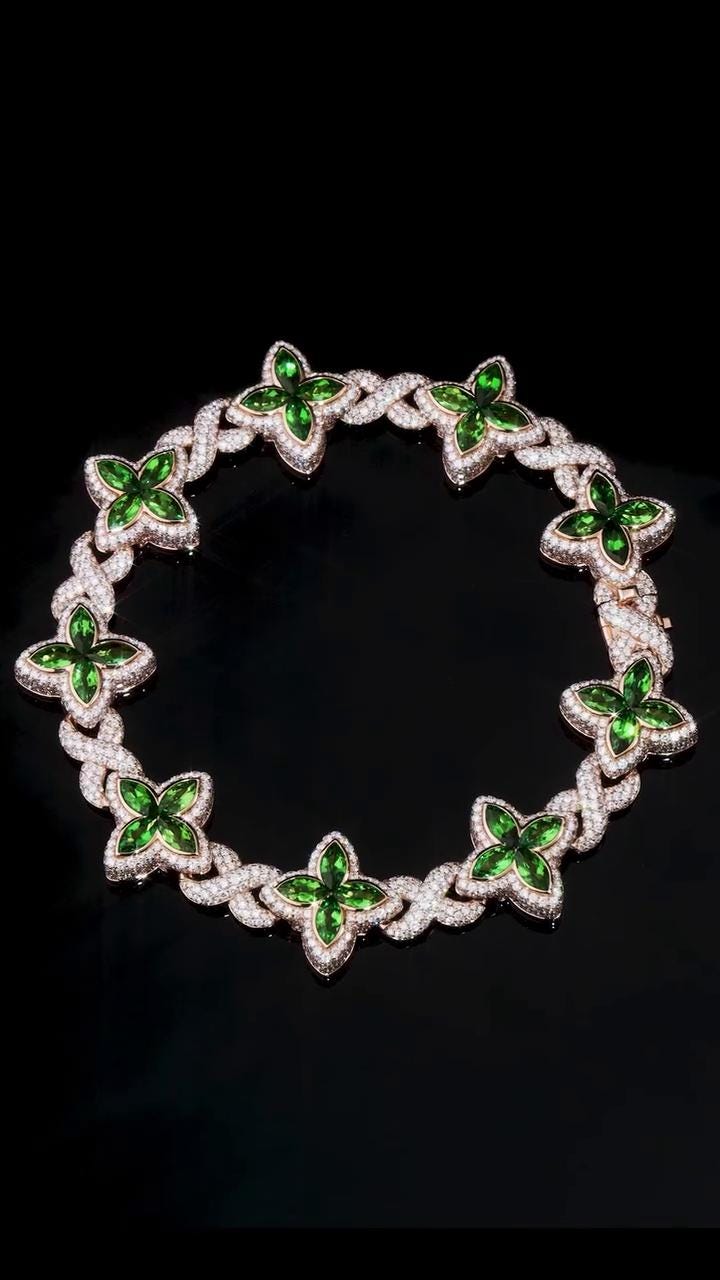 VVS Moissanite Green Flower Link Chain | Rhodium Plated 925 Silver | Iced Out Custom Necklace | Hip Hop Statement Jewelry