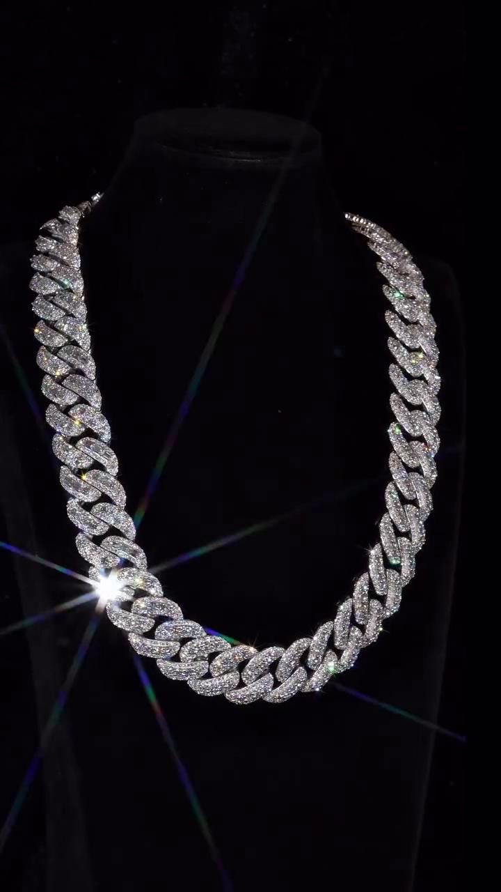 20mm VVS Moissanite Cuban Chain | Rhodium Plated 925 Silver | Round & Emerald Cut Iced Out Chain | Pass Diamond Tester | Hip Hop Jewelry