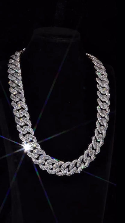 20mm VVS Moissanite Cuban Chain | Rhodium Plated 925 Silver | Round & Emerald Cut Iced Out Chain | Pass Diamond Tester | Hip Hop Jewelry