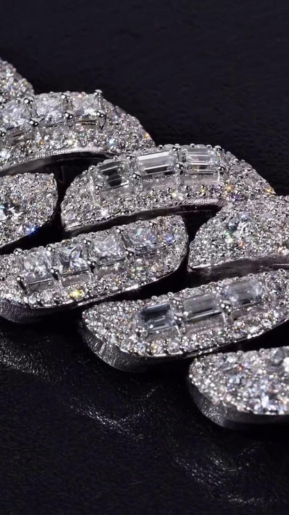 20mm VVS Moissanite Cuban Chain | Rhodium Plated 925 Silver | Round & Emerald Cut Iced Out Chain | Pass Diamond Tester | Hip Hop Jewelry