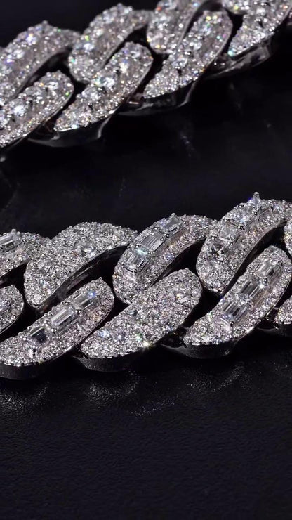 20mm VVS Moissanite Cuban Chain | Rhodium Plated 925 Silver | Round & Emerald Cut Iced Out Chain | Pass Diamond Tester | Hip Hop Jewelry