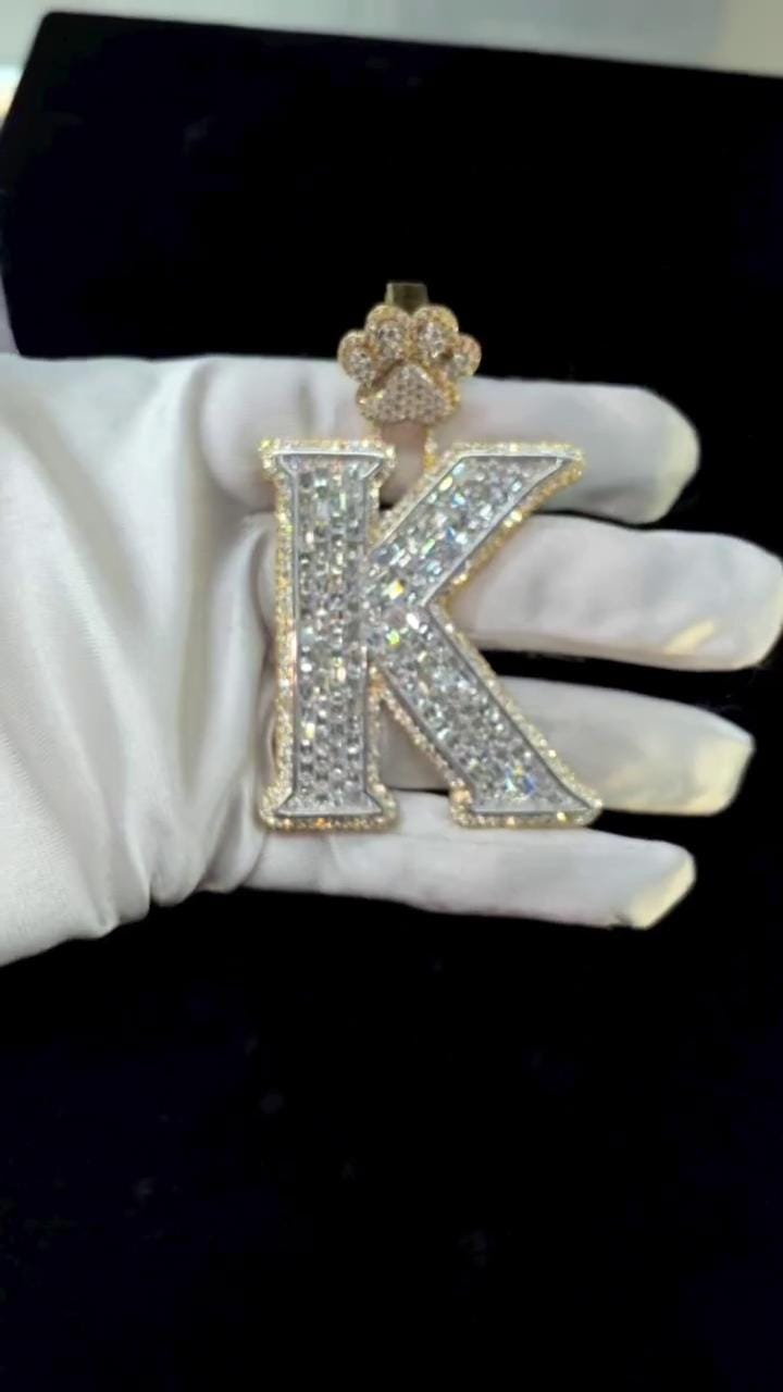Emerald cut VVS1 Moissanite Layered Letter "K" Pendant, Iced out Chunky Pendant, Custom Letter, 925 Sterling Silver/10k, Hip Hop Pendant