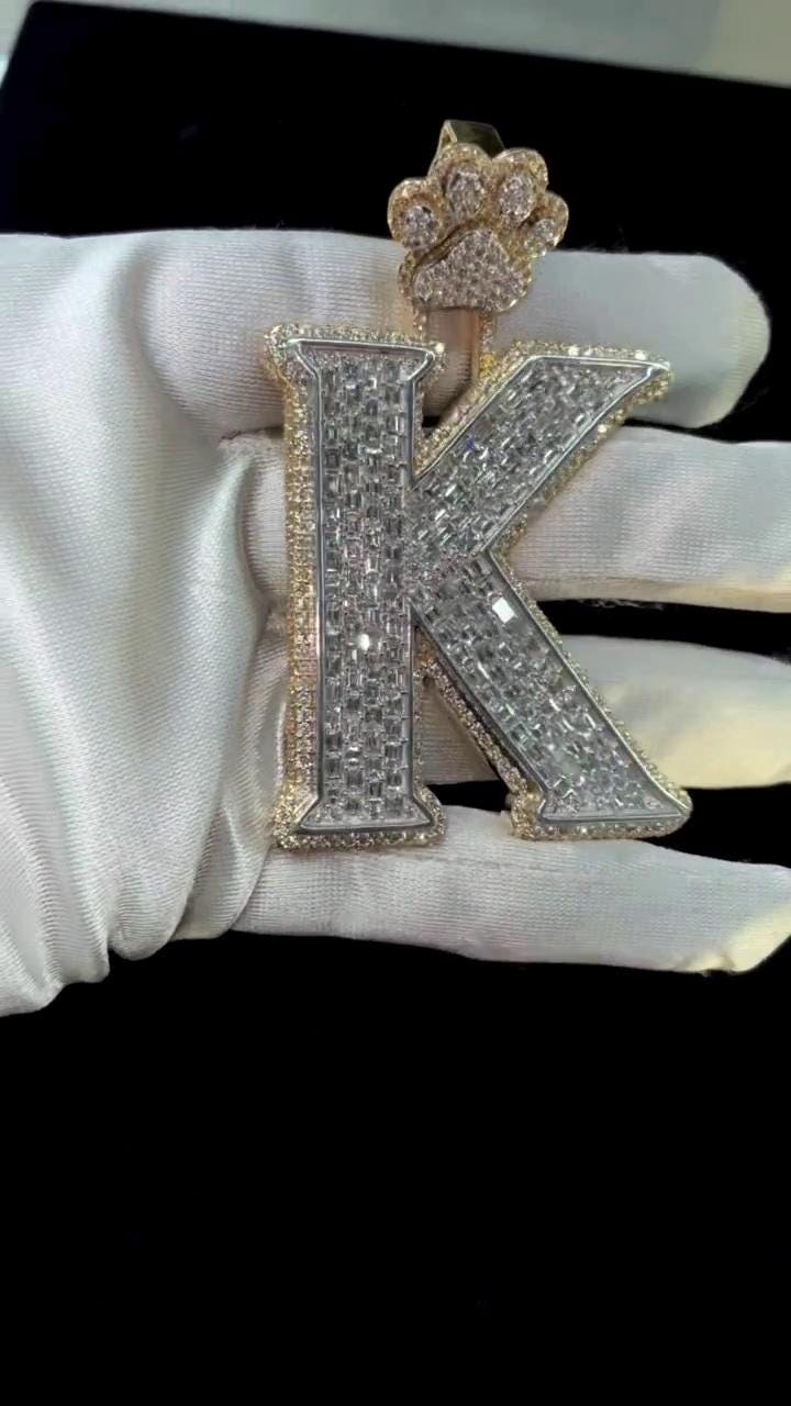 Emerald cut VVS1 Moissanite Layered Letter "K" Pendant, Iced out Chunky Pendant, Custom Letter, 925 Sterling Silver/10k, Hip Hop Pendant