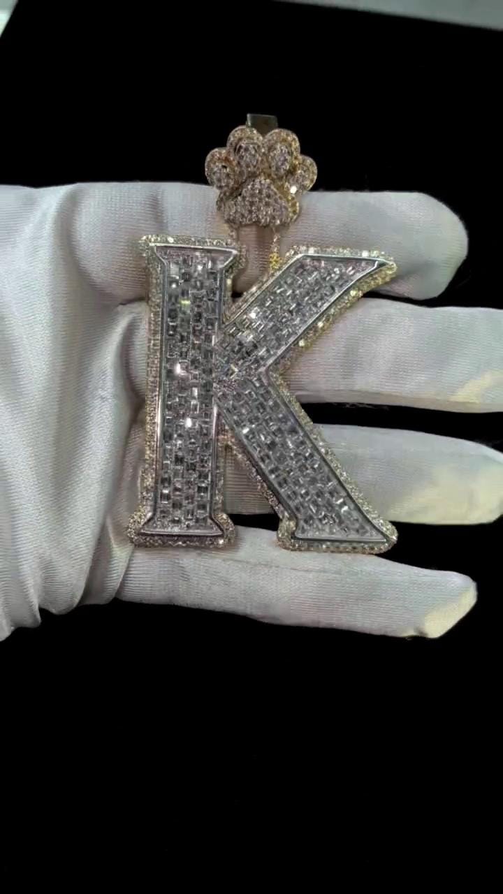 Emerald cut VVS1 Moissanite Layered Letter "K" Pendant, Iced out Chunky Pendant, Custom Letter, 925 Sterling Silver/10k, Hip Hop Pendant