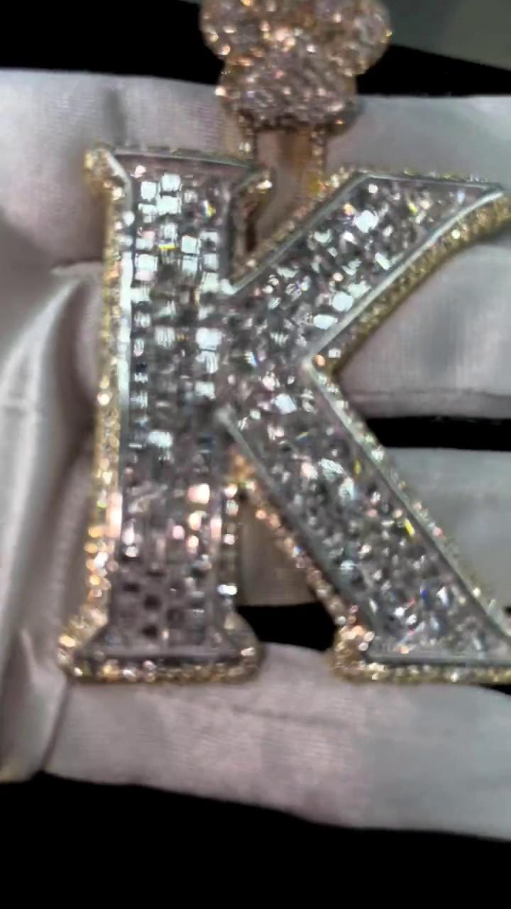 Emerald cut VVS1 Moissanite Layered Letter "K" Pendant, Iced out Chunky Pendant, Custom Letter, 925 Sterling Silver/10k, Hip Hop Pendant