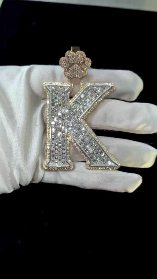Emerald cut VVS1 Moissanite Layered Letter "K" Pendant, Iced out Chunky Pendant, Custom Letter, 925 Sterling Silver/10k, Hip Hop Pendant