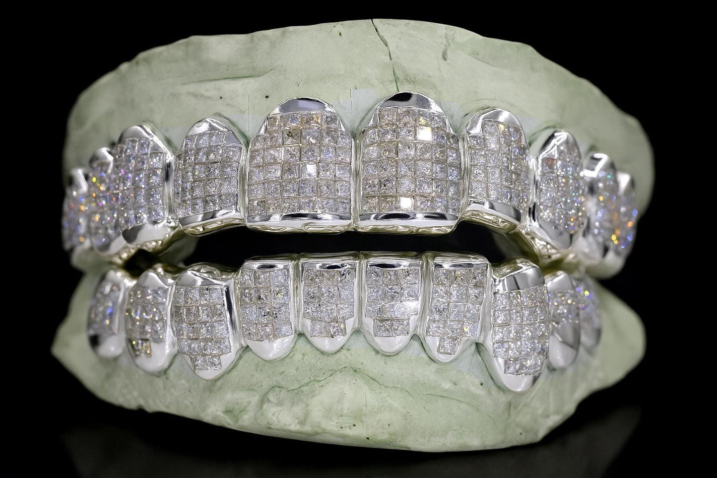 Invisible Set VVS Moissanite Grillz, Princess cut Moissanite, Deep/Perm Cut, 925 Sterling Silver, Pass Diamond Test