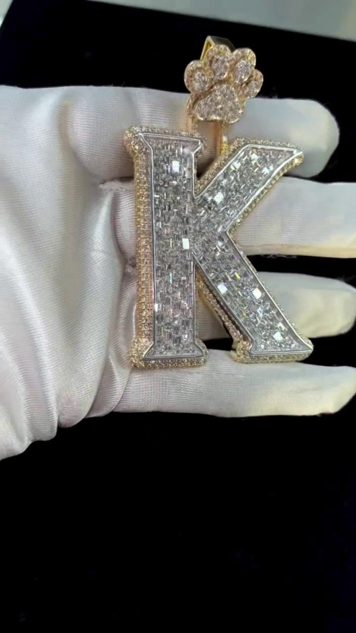 Emerald cut VVS1 Moissanite Layered Letter "K" Pendant, Iced out Chunky Pendant, Custom Letter, 925 Sterling Silver/10k, Hip Hop Pendant