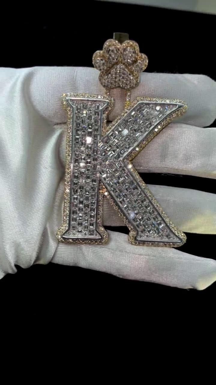 Emerald cut VVS1 Moissanite Layered Letter "K" Pendant, Iced out Chunky Pendant, Custom Letter, 925 Sterling Silver/10k, Hip Hop Pendant