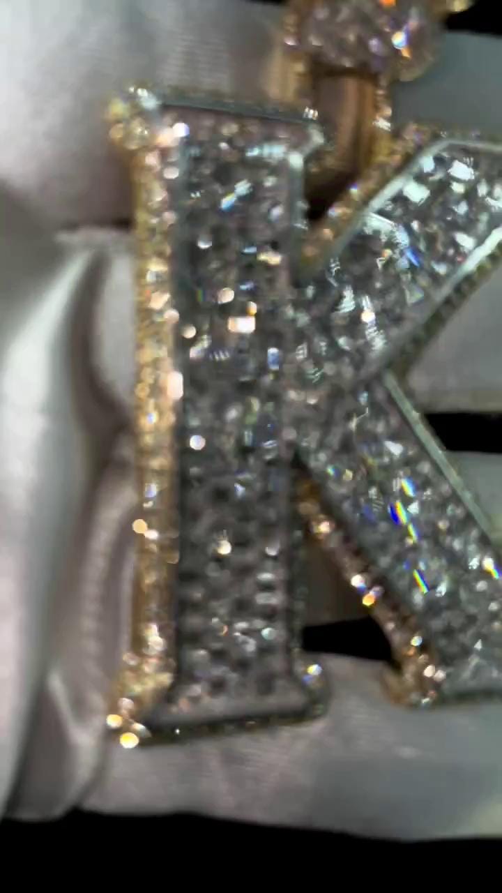 Emerald cut VVS1 Moissanite Layered Letter "K" Pendant, Iced out Chunky Pendant, Custom Letter, 925 Sterling Silver/10k, Hip Hop Pendant