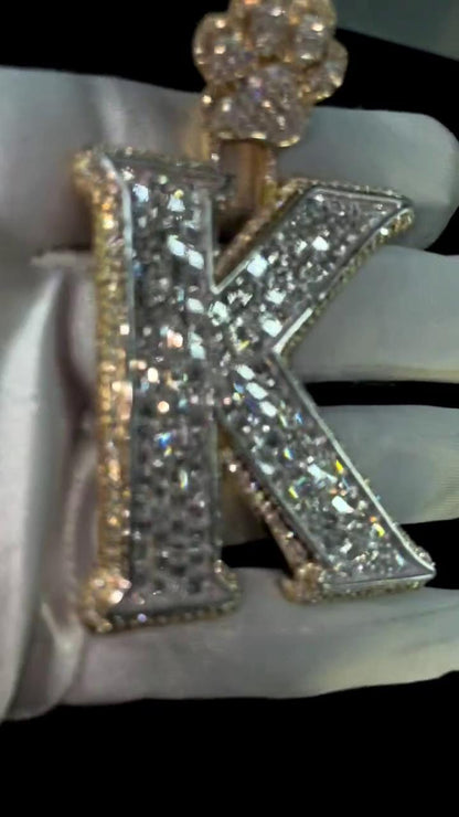 Emerald cut VVS1 Moissanite Layered Letter "K" Pendant, Iced out Chunky Pendant, Custom Letter, 925 Sterling Silver/10k, Hip Hop Pendant