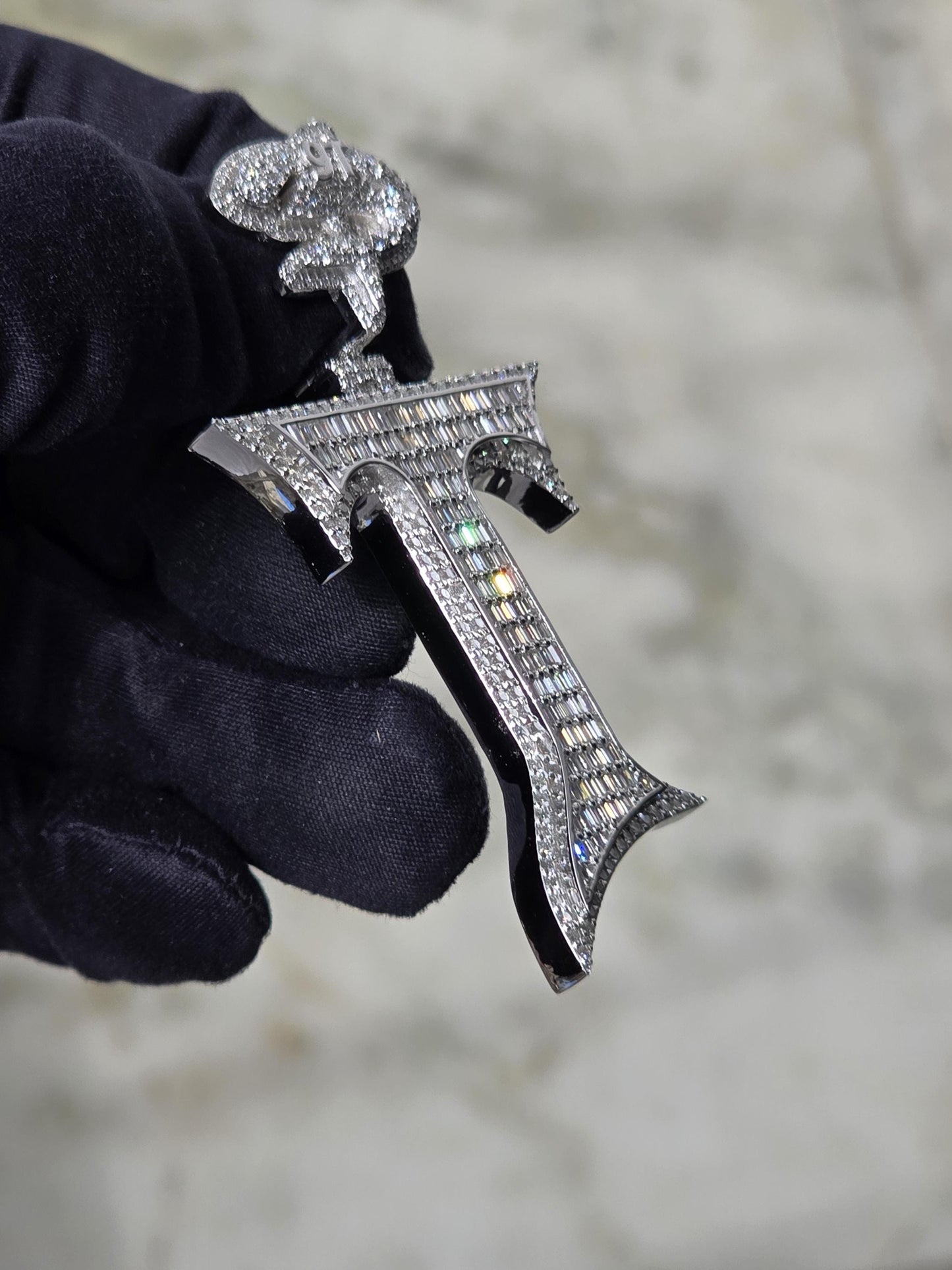 Baguette cut VVS1 Moissanite Letter "T" Pendant, Iced out Chunky Pendant, Custom Alphabet/Letter, 925 Sterling Silver/10k, Hip Hop Pendant