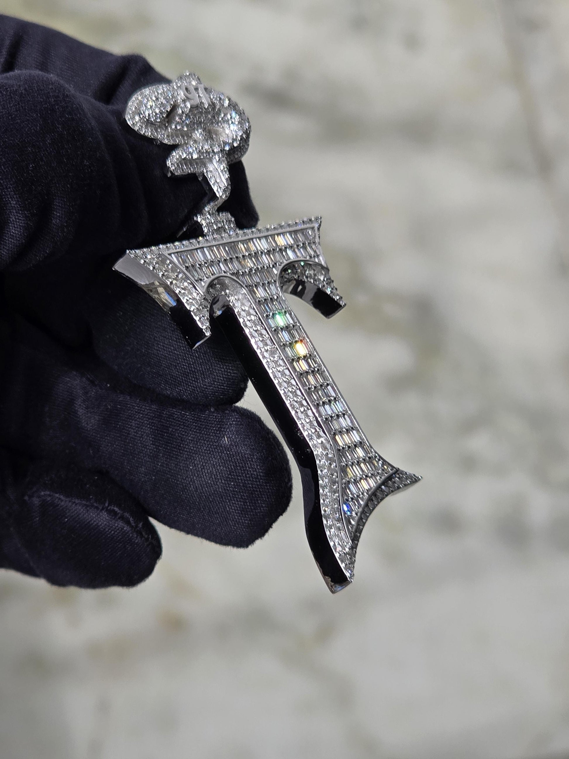 Baguette cut VVS1 Moissanite Letter "T" Pendant, Iced out Chunky Pendant, Custom Alphabet/Letter, 925 Sterling Silver/10k, Hip Hop Pendant