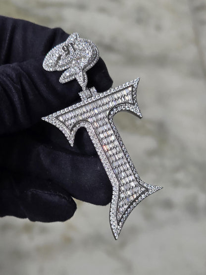 Baguette cut VVS1 Moissanite Letter "T" Pendant, Iced out Chunky Pendant, Custom Alphabet/Letter, 925 Sterling Silver/10k, Hip Hop Pendant