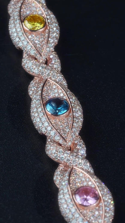 12mm Evil Eye Bracelet VVS Moissanite & Colored CZ, Iced Out Hip Hop Jewelry, Solid 10K Gold / 925 Silver, 6–9 Inch Length