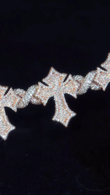 Iced Out Cross Link Bracelet, VVS1 Moissanite Pass Diamond Test, 925 Silver or 10K Gold Hip Hop Jewelry, Luxury Bling for Men & Women